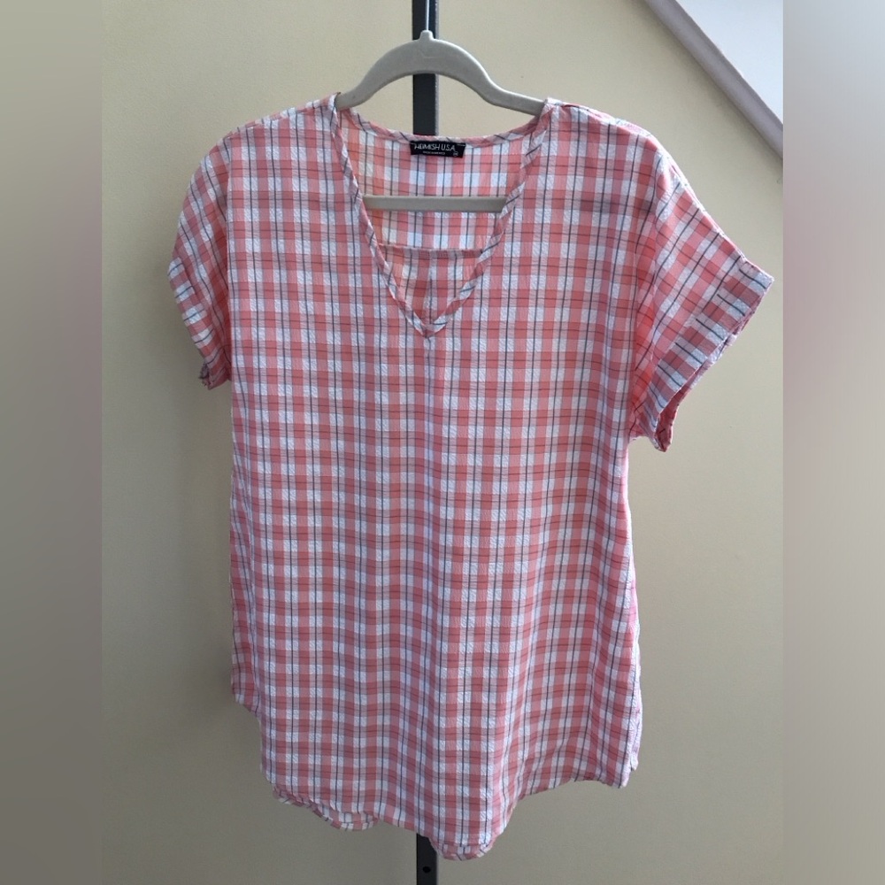 HEIMISH NWT Top Pink Checked Short Sleeve Size small - Large